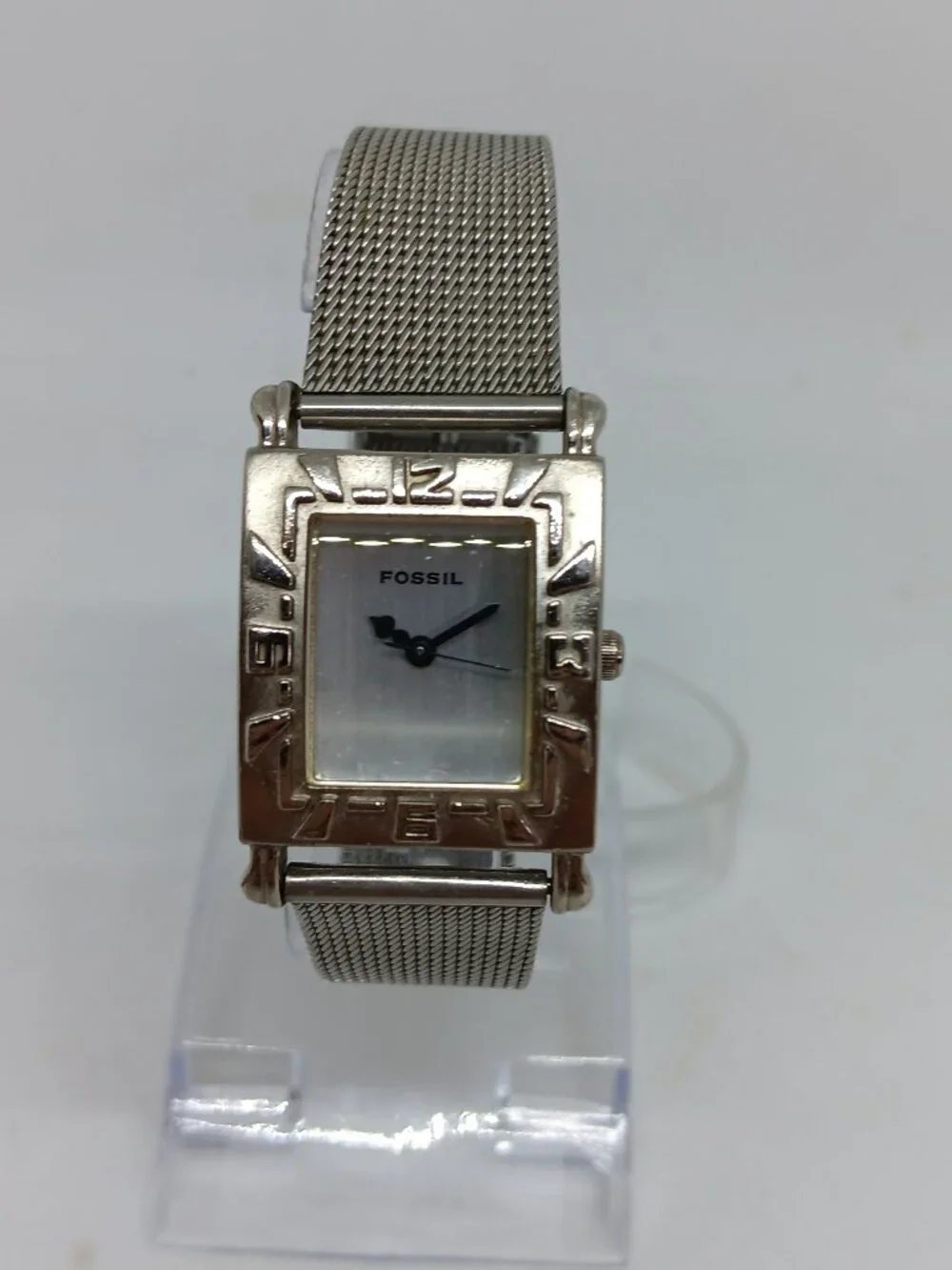VINTAGE 2000s Fossil f2 EC-8799 Women's 24mm x 36mm Silver Tone Mesh Band Watch